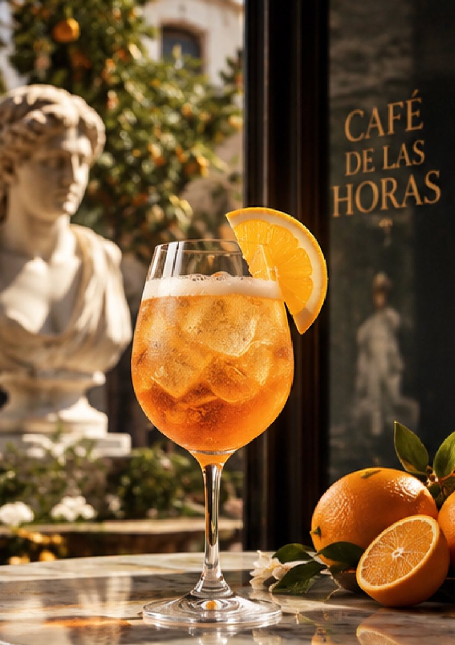 Bitter Orange Spritz con naranjas y busto de mármol