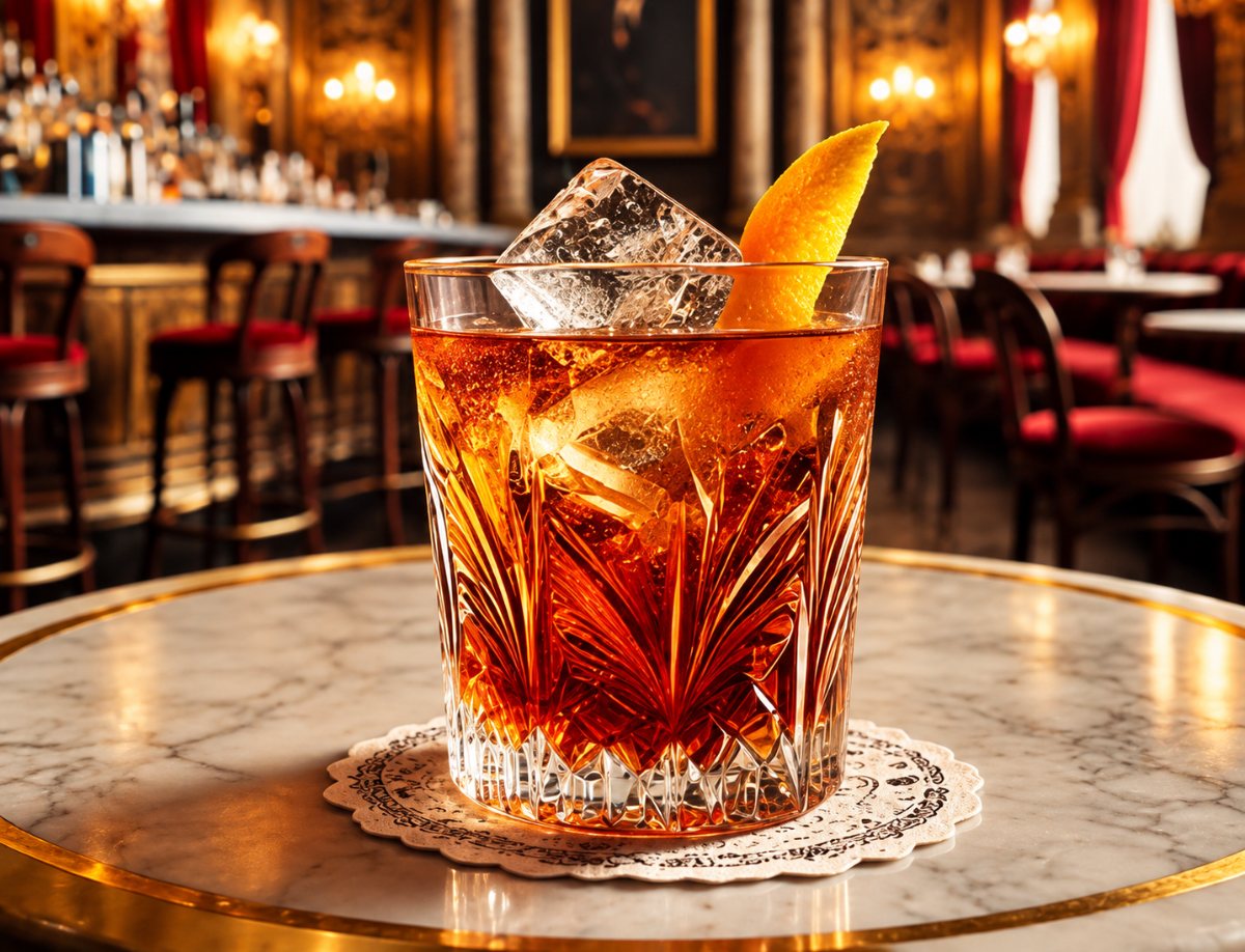 Horas Negroni en vaso tallado con cáscara de naranja sobre mesa de mármol