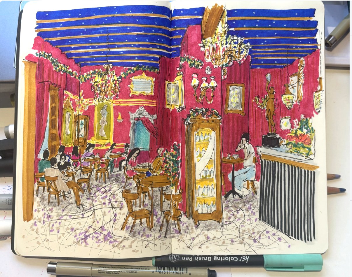 Dibujo del salón del Café de Las Horas, por @erick_olac