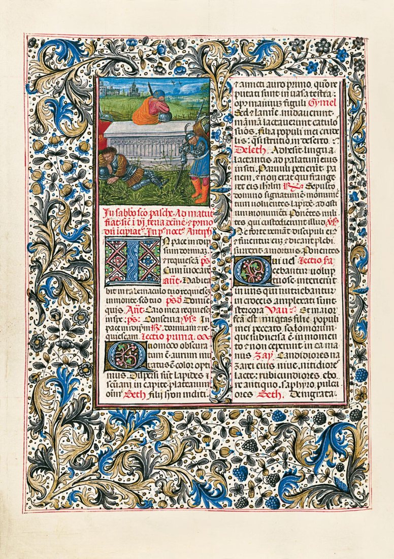 Página iluminada de un Libro de Horas, con miniatura, capitulares y orla floral en oro y azul