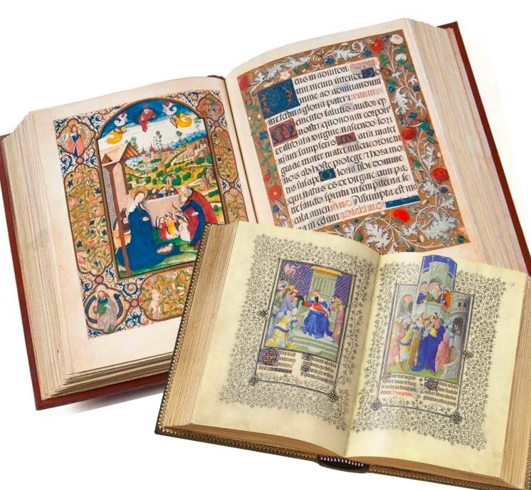 Libros de Horas medievales abiertos, con miniaturas y márgenes iluminados
